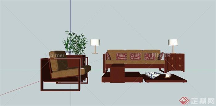 现代中式沙发茶几组合SU模型