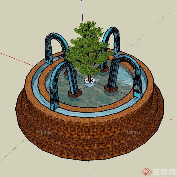 某欧式圆形喷泉水池水景设计SU模型素材2