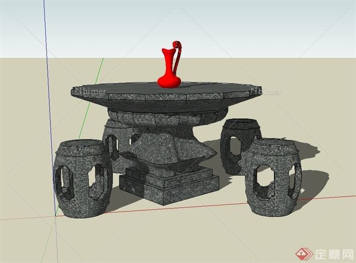某古典中式风格石桌石凳设计su模型
