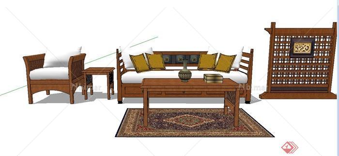 中式风格沙发茶几组合家具设计su模型[原创]