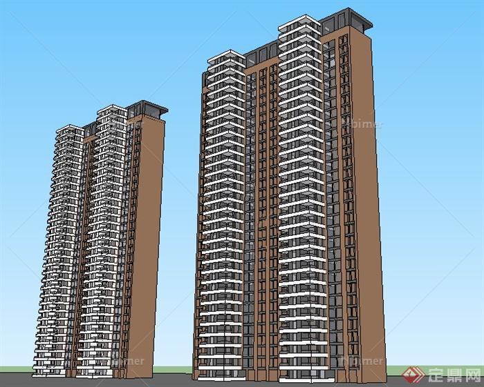 两栋现代高层住宅楼建筑设计su单体模型[原创]