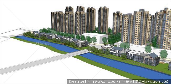 现代高层小区建筑设计精细SU模型+新中式商业街