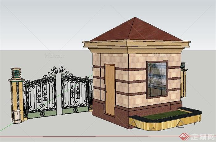 新古典岗亭及铁艺大门su模型