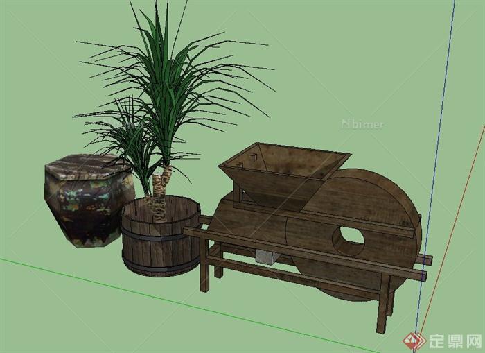 园林景观节点木质磨面机与盆景植物设计SU模型