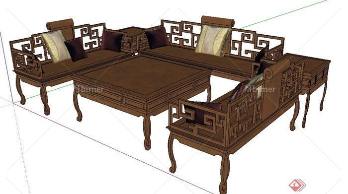 中式风格木制沙发茶几su模型