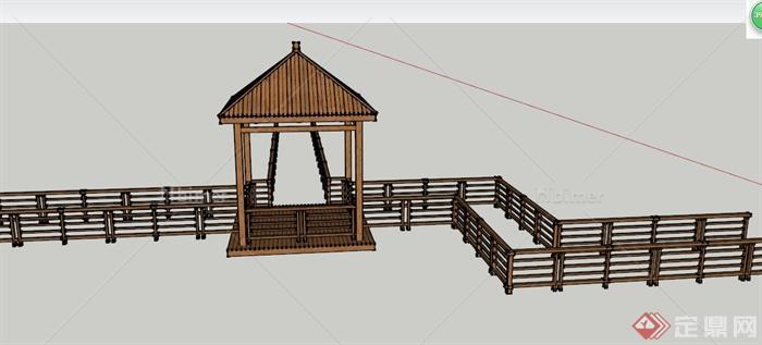 某木制四角亭与围栏设计SU模型