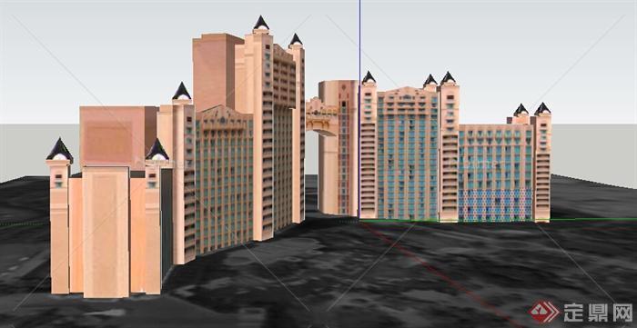 现代风格多栋多层酒店商业建筑设计su模型