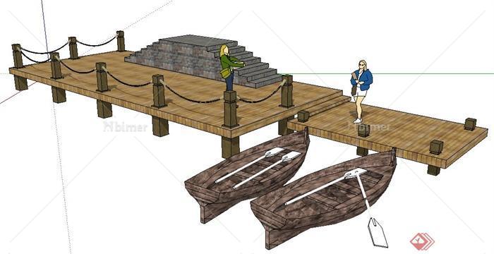 现代风格滨水木平台及船只su模型