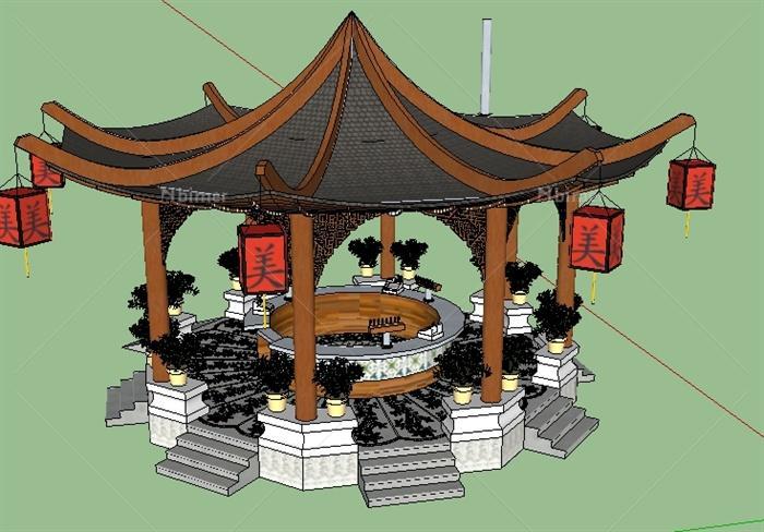 古典中式泳池水吧亭子SU精致设计模型[原创]