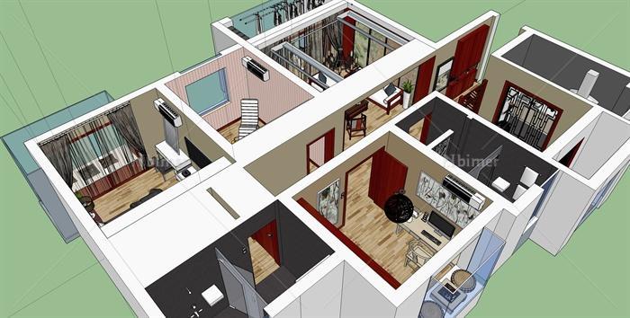 新中式三室两厅住宅室内设计su模型[原创]