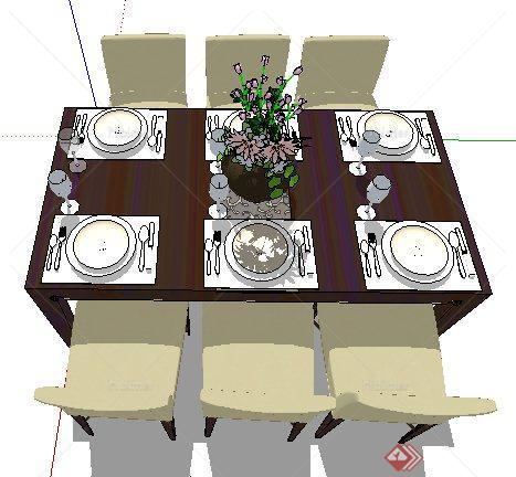 现代简约风格六人餐桌椅su模型