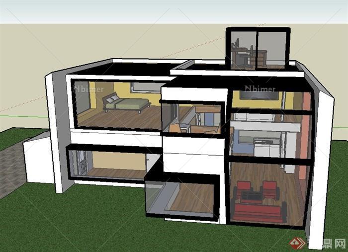 某现代3层住宅楼建筑设计SU模型（带室内）