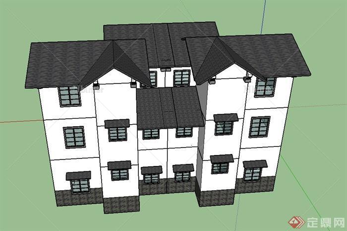 某三层现代中式带阳台联排住宅建筑设计SU模型