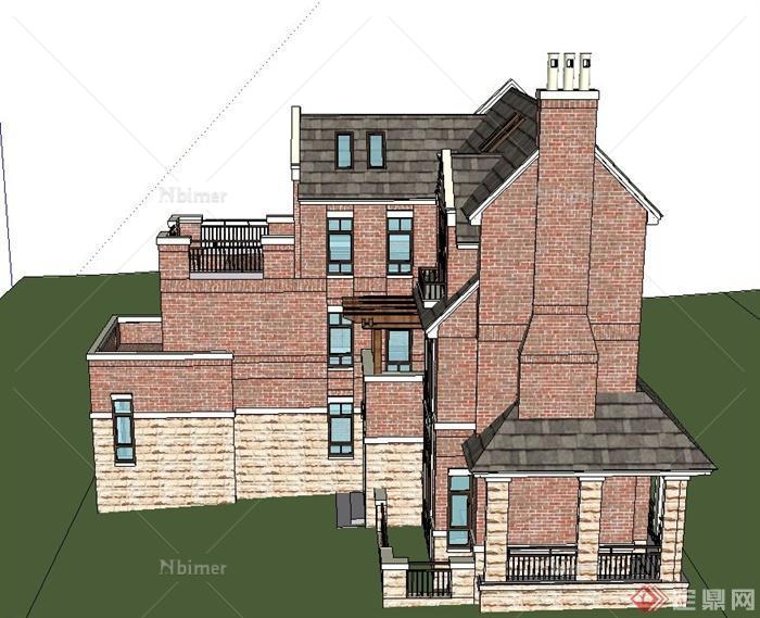 某两层红砖转角别墅建筑设计SU模型