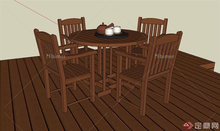四人木质茶桌椅设计SU模型