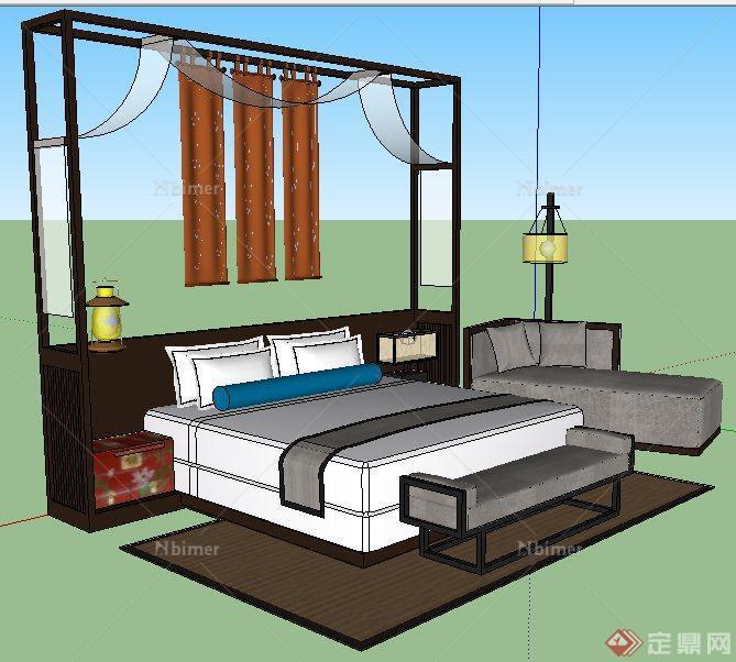 室内装饰中式风格卧室家具组合su模型