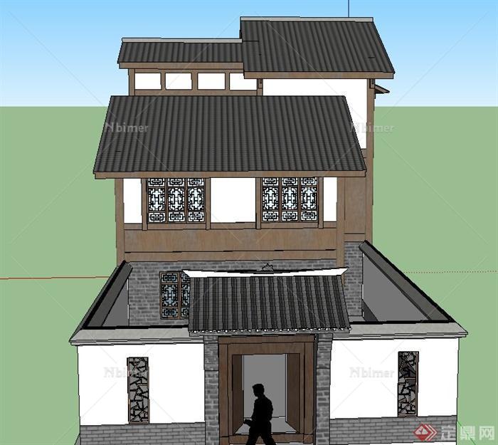 某古典中式三层带庭院住宅建筑设计SU模型