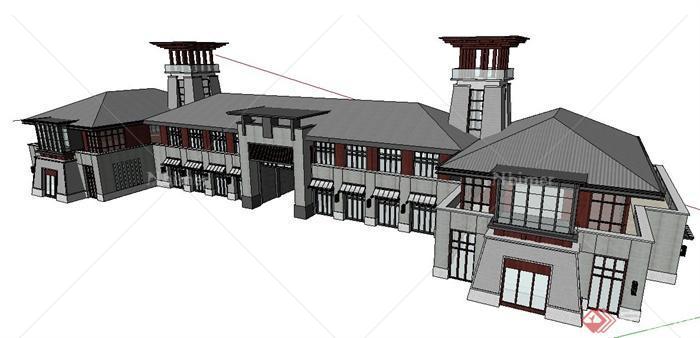 现代中式风格小区售楼处建筑设计su模型