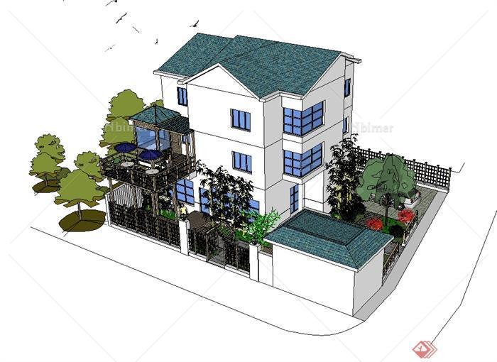 某美式风格详细精致别墅建筑与庭院设计SU模型[原