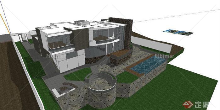 现代别墅建筑和硬质景观设计sketchup模型