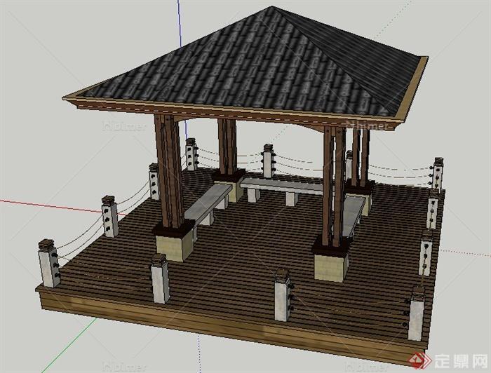 现代中式水中木平台及凉亭su模型