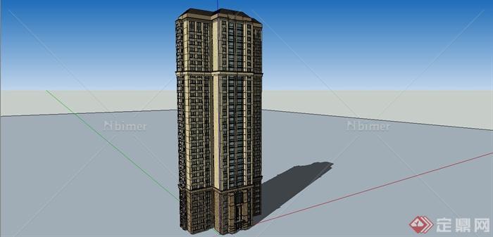 某细致新古典风格高层住宅公寓建筑设计SU模型[原
