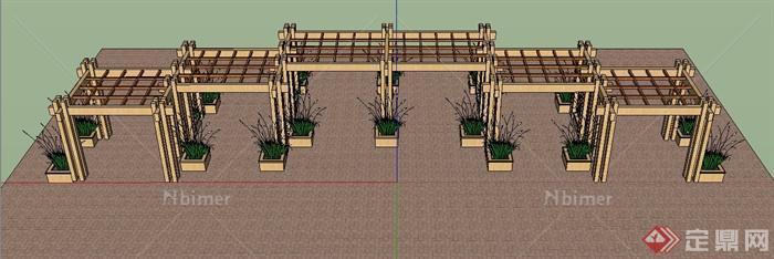 园林景观节点木质不规则组合廊架设计SU模型[原创