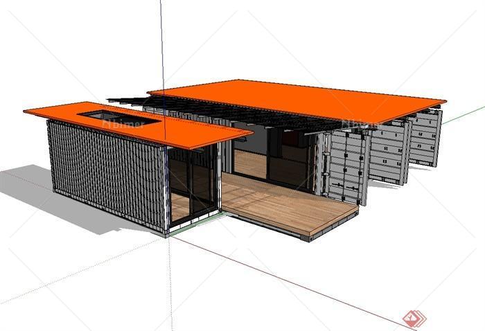 现代风格单层集装箱私人住宅建筑设计SU模型[原创