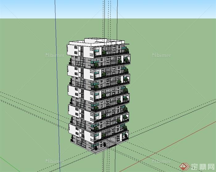 某现代风格塔式住宅18层建筑楼设计su模型[原创]