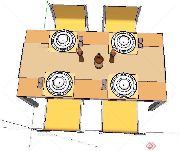 现代简约风格四人长方形餐桌椅设计SU模型