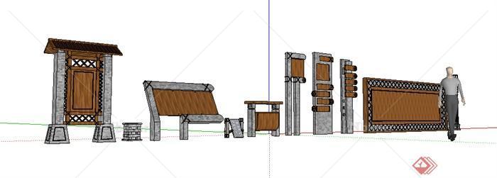 现代中式风格石木材质景观标识牌设计SU模型