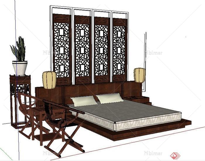 混搭榻榻米式床及中式家具su模型