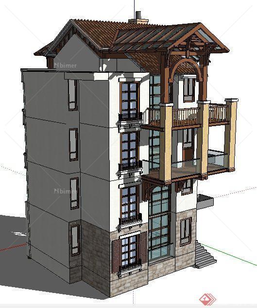 西班牙风格四层花园洋房建筑设计su模型