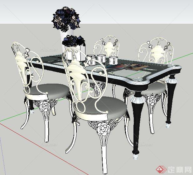 欧式雕花四人餐桌椅su模型