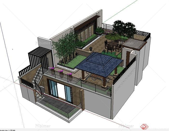 现代风格屋顶庭院景观设计SU模型[原创]