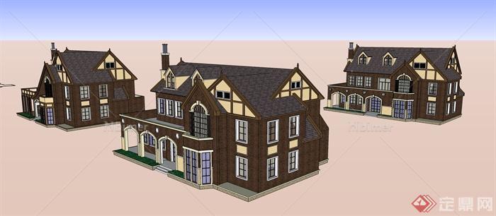 三栋英式风格别墅建筑设计su模型