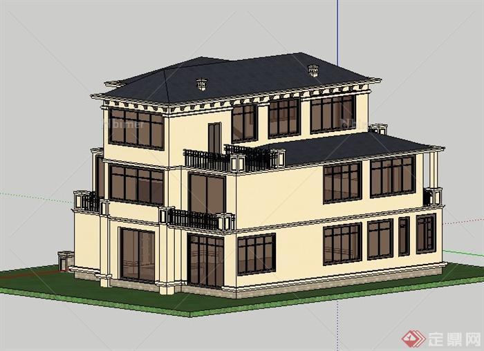 古典风格三层别墅建筑单体设计su模型[原创]