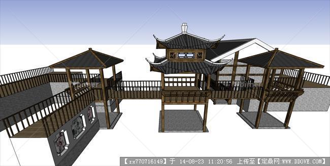 中国古建连廊和亭子园林景观设计su模型
