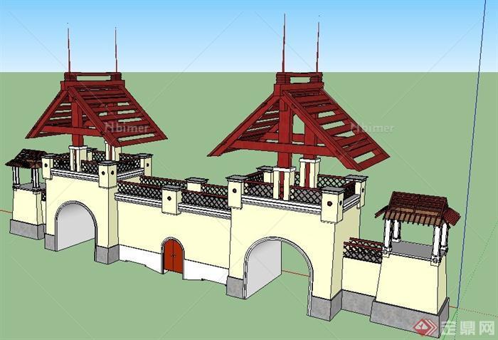 现代中式风格度假村大门su模型