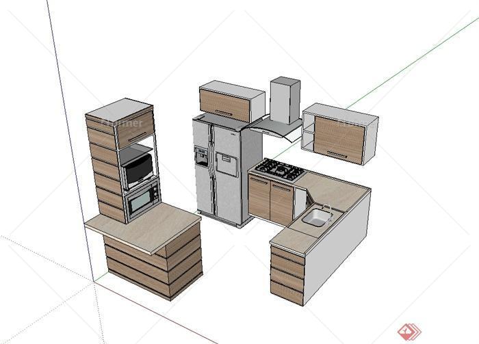 现代风格室内厨房整体橱柜设计SU模型[原创]