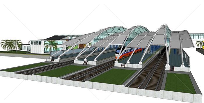 某现代风格简单的火车站建筑设计su模型[原创]