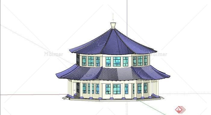 某简约古典中式风格旅游区楼阁建筑设计SU模型[原