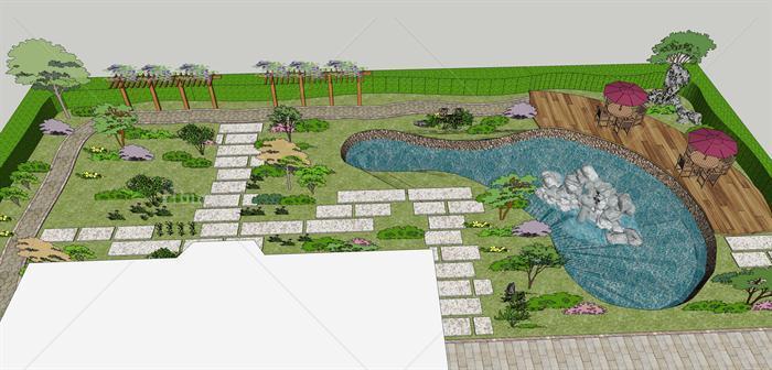 某现代风格水景庭院花园方案设计SU模型[原创]