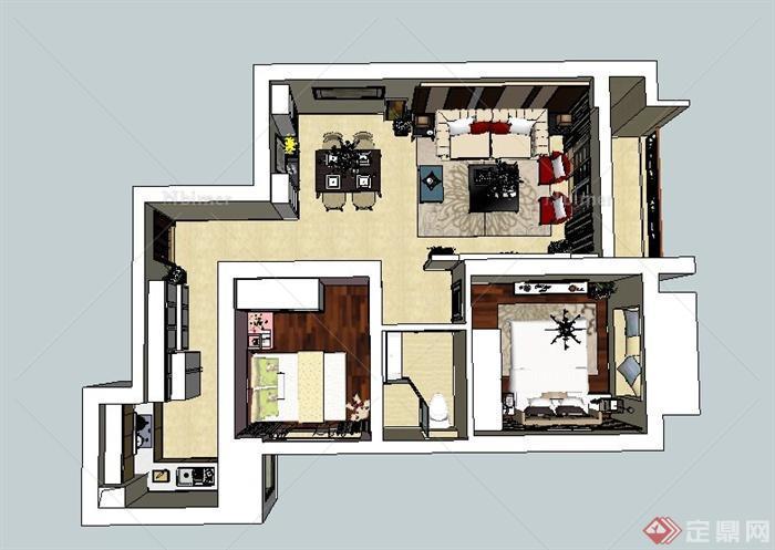 某两室一厅一卫住宅室内装饰设计SU模型