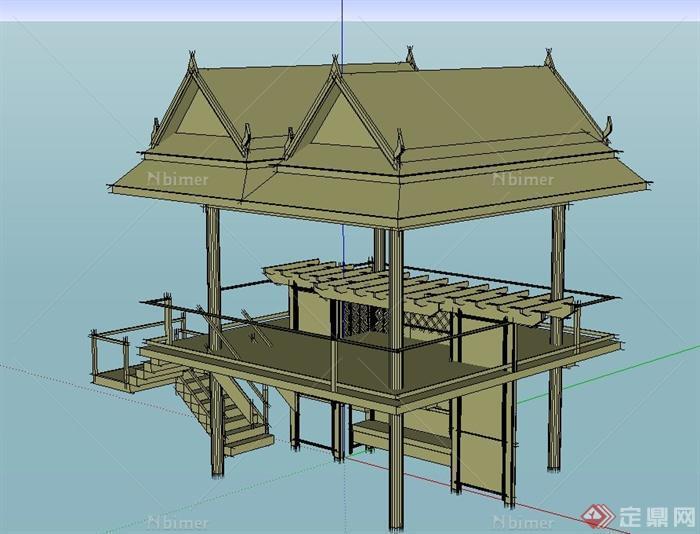 某园林景观节点木质两层凉亭设计SU模型