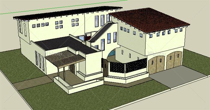 某两层地中海住宅合院建筑设计SU模型[原创]