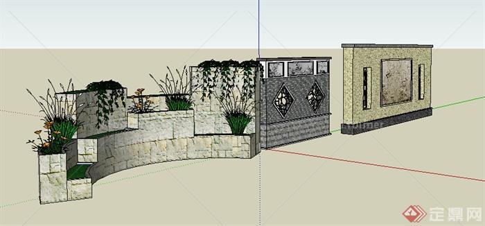 园林景观之中式景墙、弧形花坛设计方案SU模型[原