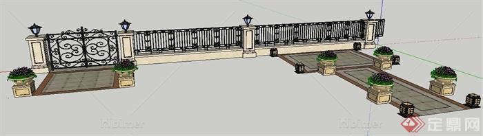 欧式风格铁艺大门、围墙及花钵su模型