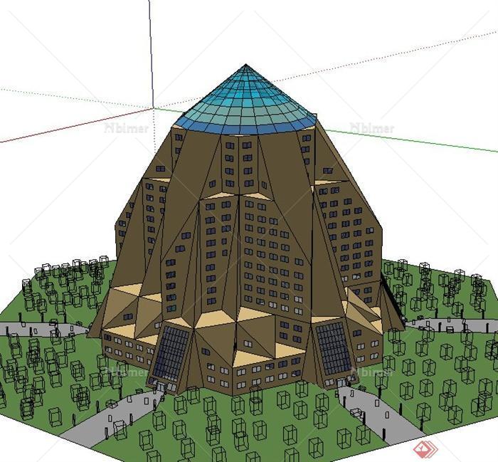 现代某锥形博物馆建筑设计SU模型