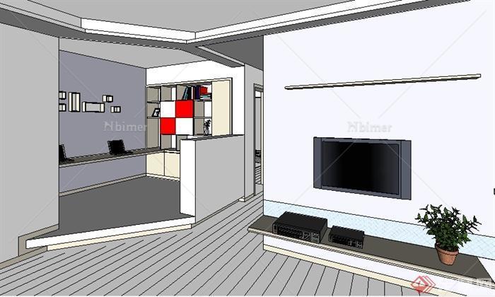 某两室两厅住宅空间书房客厅厨房餐厅设计SU模型